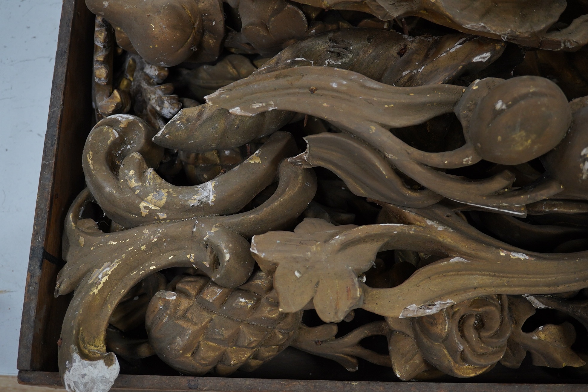 A quantity of various gilt carvings, some approximately 45cm long. Condition - gilt worn in places